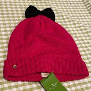Kate Spade Color Block Bow Beanie Pink Black NWT